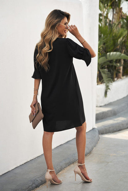 Chic V-Neck Black Mini Dress with Ruffled Sleeves