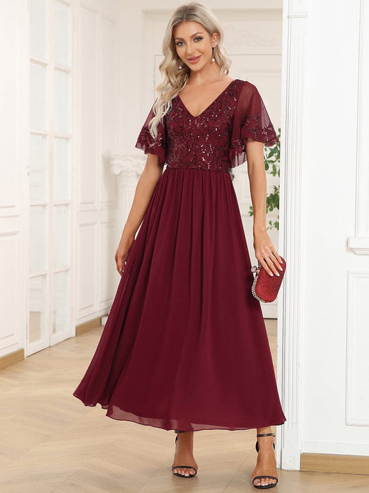 Chic V-Neck Mother of the Bride Dress with Short Ruffles Sleeves
