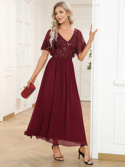 Chic V-Neck Mother of the Bride Dress with Short Ruffles Sleeves