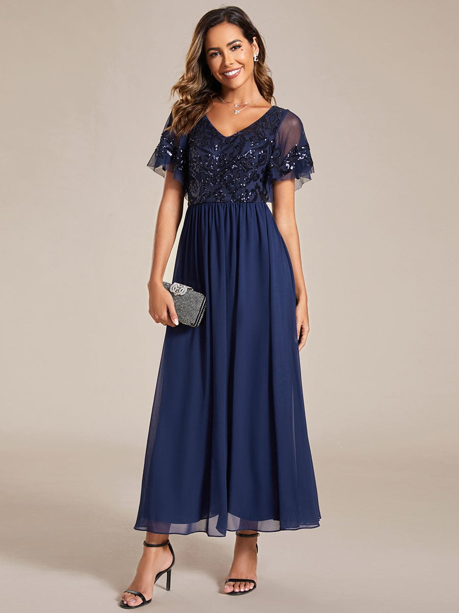 Chic V-Neck Mother of the Bride Dress with Short Ruffles Sleeves