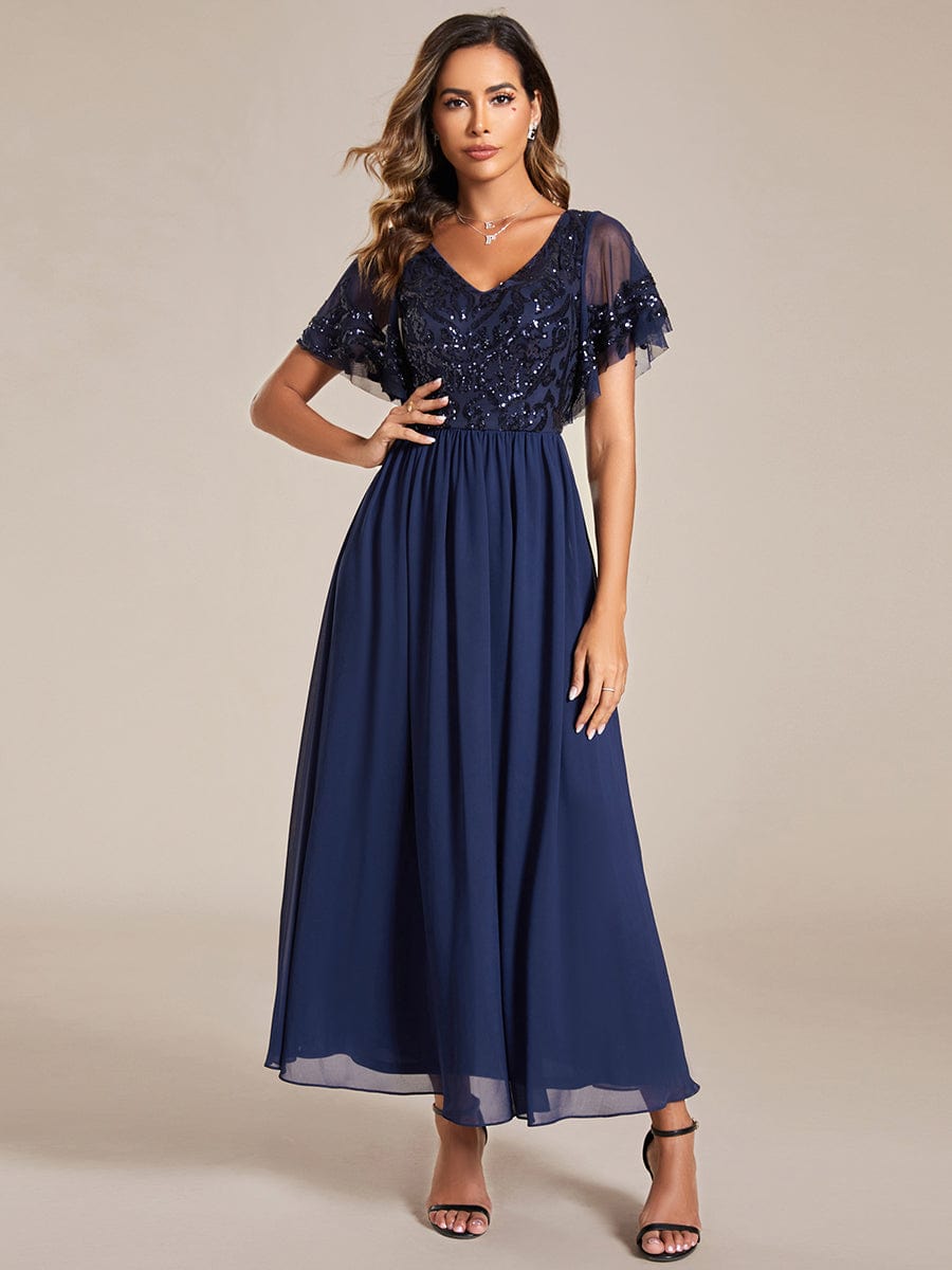 Chic V-Neck Mother of the Bride Dress with Short Ruffles Sleeves