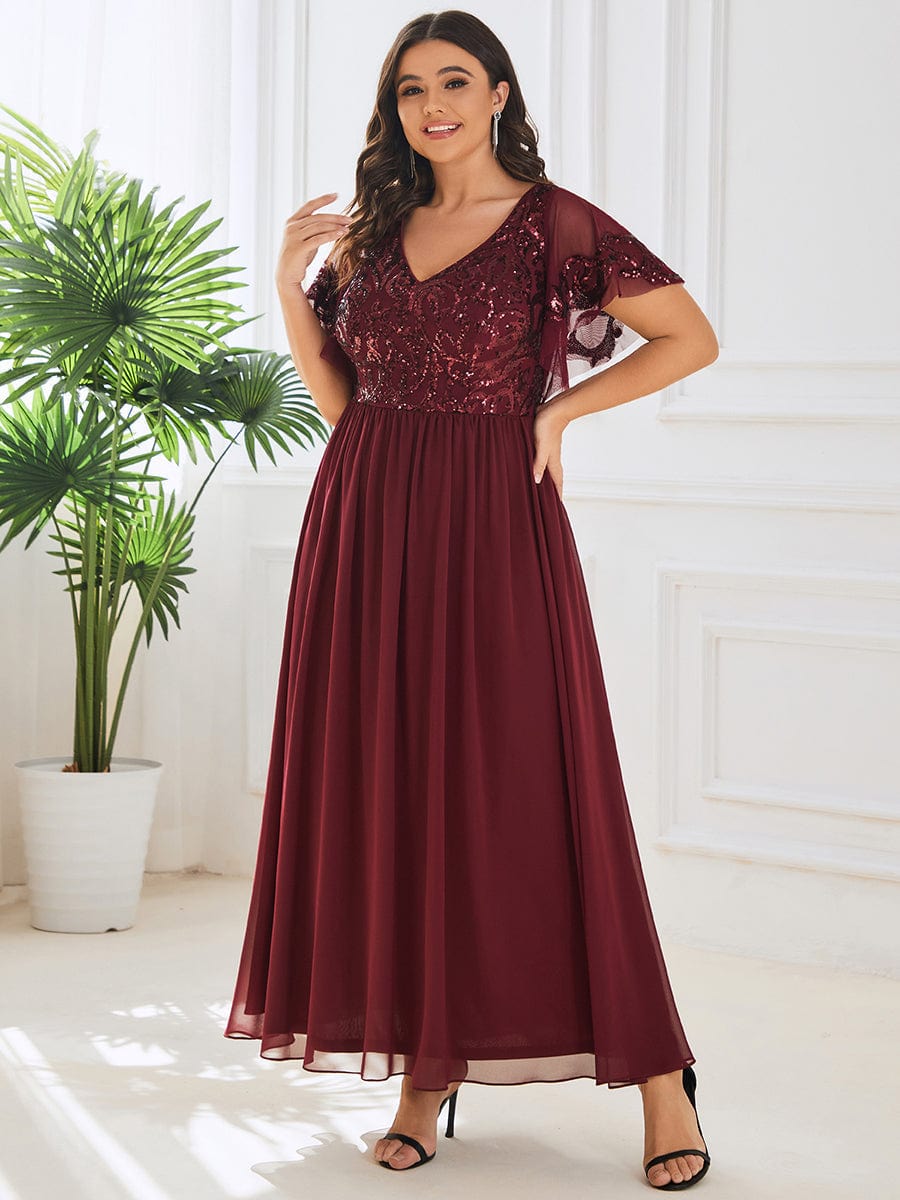 Chic V-Neck Mother of the Bride Dress with Short Ruffles Sleeves