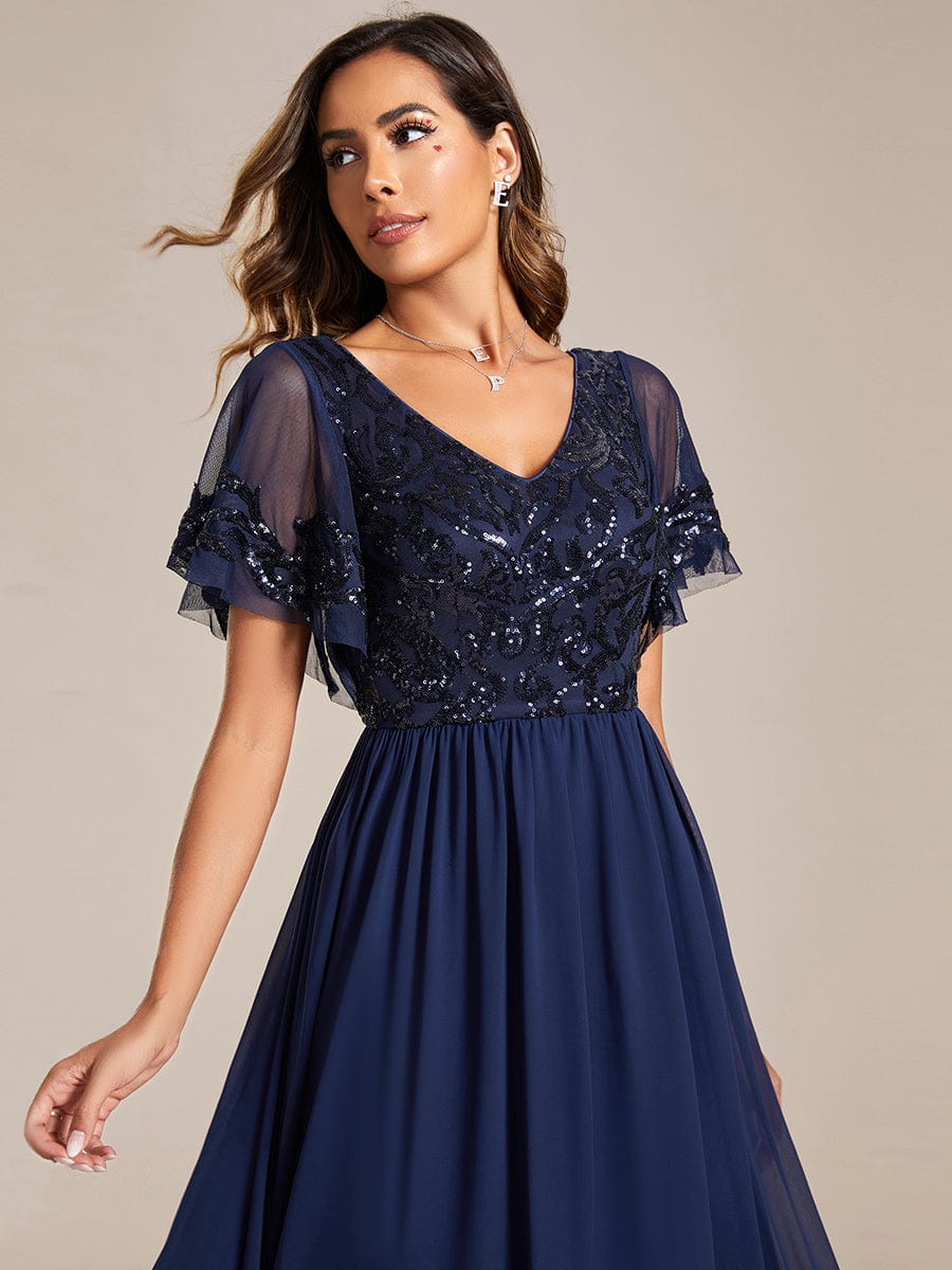 Chic V-Neck Mother of the Bride Dress with Short Ruffles Sleeves