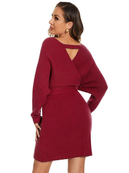 Chic V Neck Sweater Dress With Belt