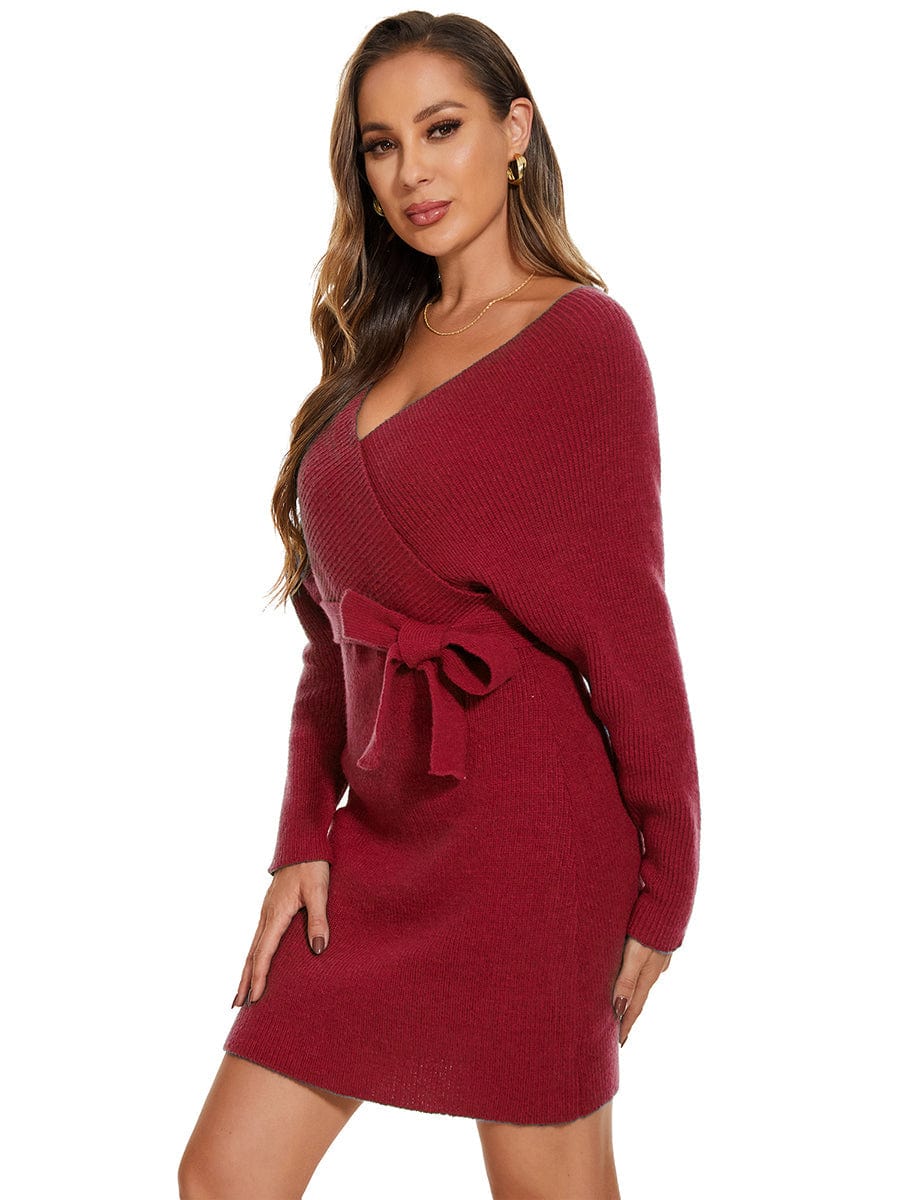 Chic V Neck Sweater Dress With Belt