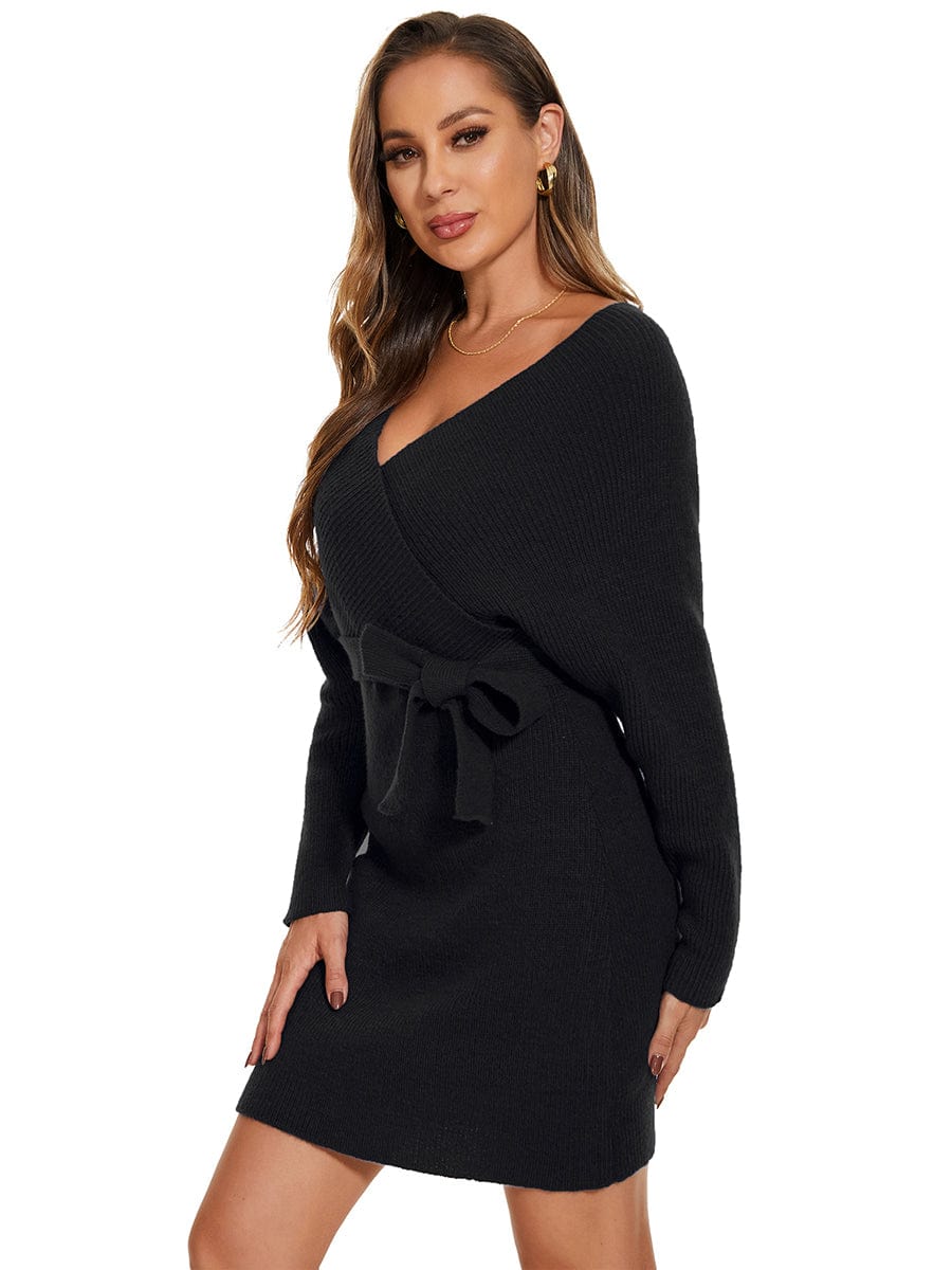 Chic V Neck Sweater Dress With Belt