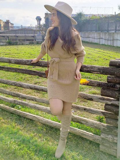 Chic V Neck Sweater Dress With Belt