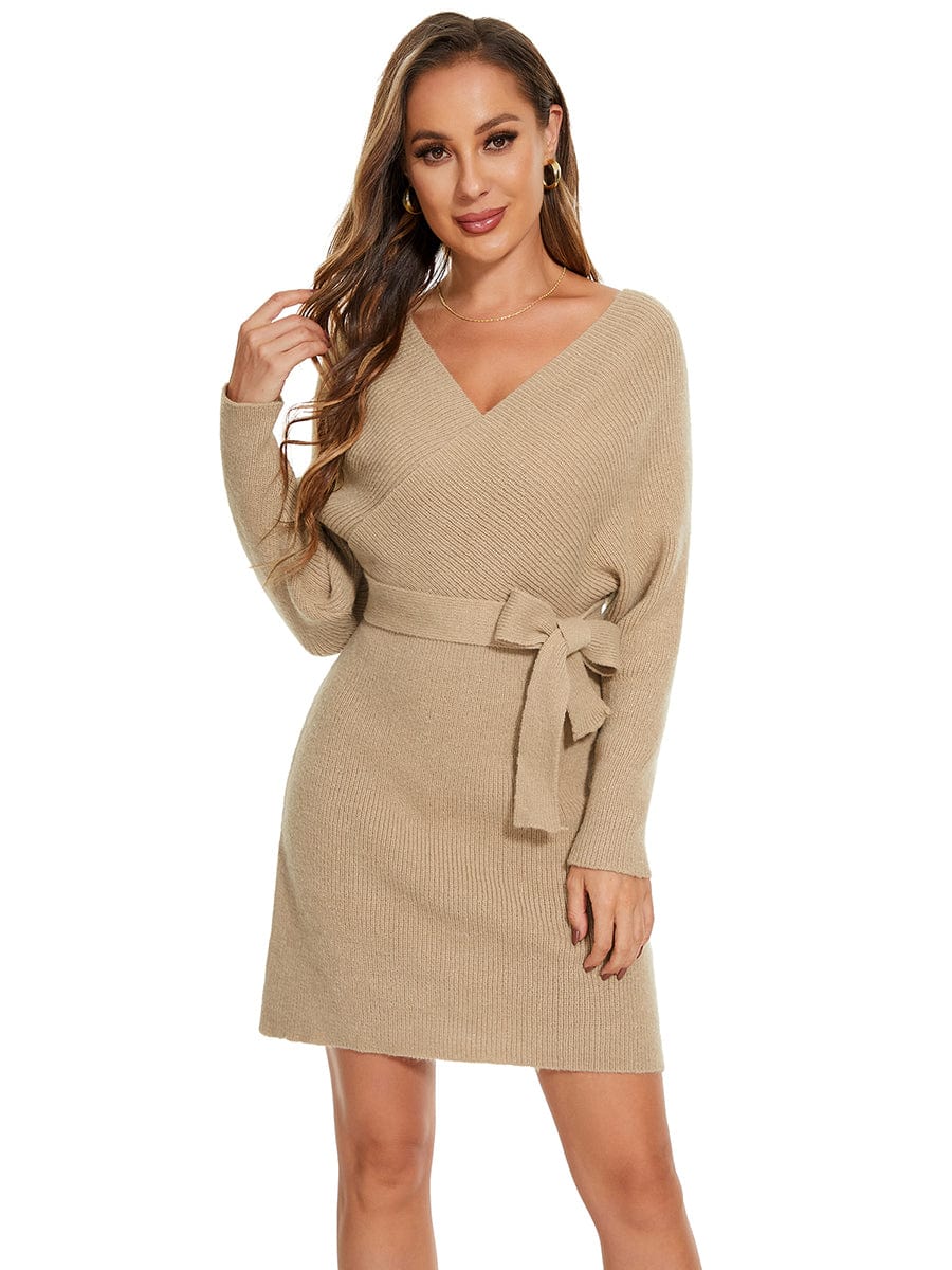 Chic V Neck Sweater Dress With Belt