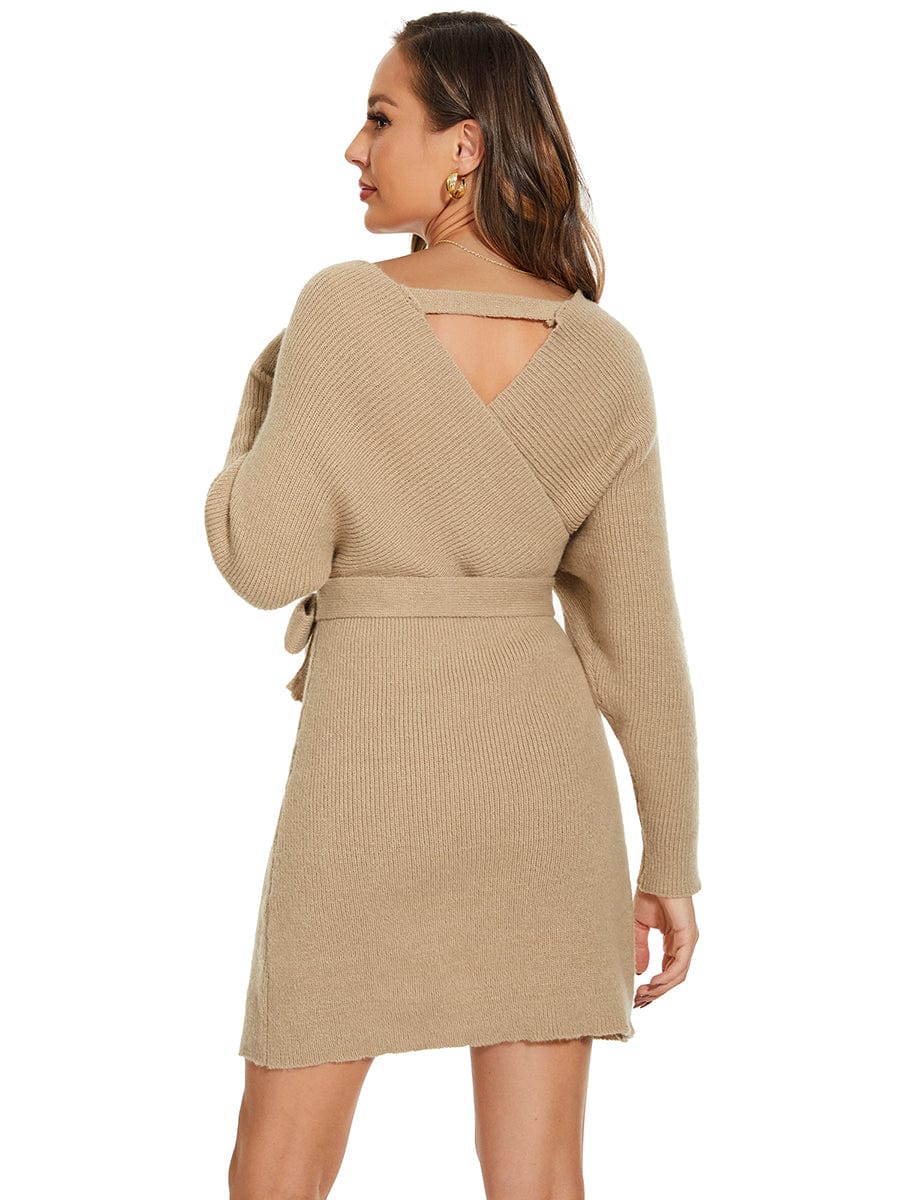 Chic V Neck Sweater Dress With Belt
