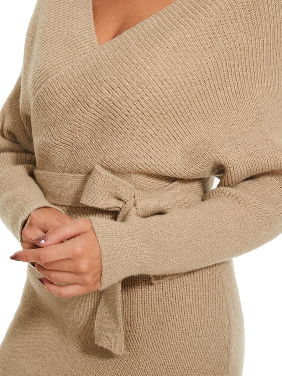 Chic V Neck Sweater Dress With Belt