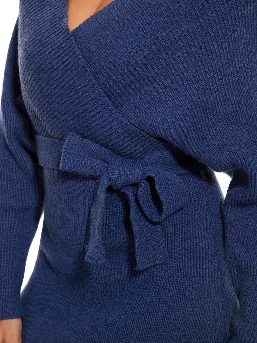 Chic V Neck Sweater Dress With Belt