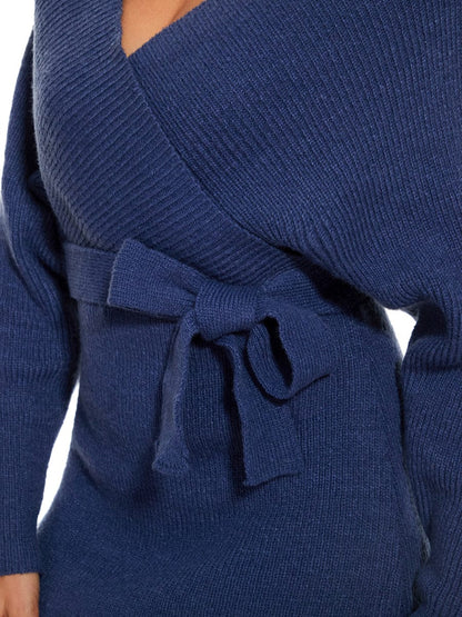 Chic V Neck Sweater Dress With Belt