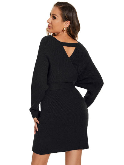 Chic V Neck Sweater Dress With Belt