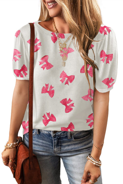 Chic White Floral Print Puff Sleeve T-Shirt
