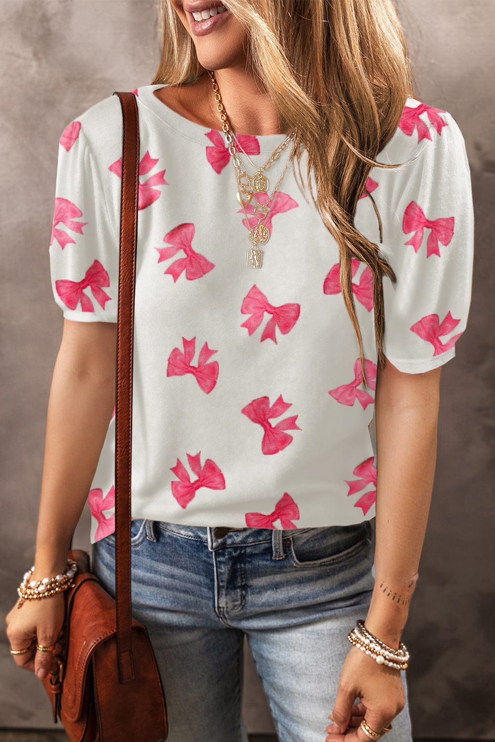 Chic White Floral Print Puff Sleeve T-Shirt