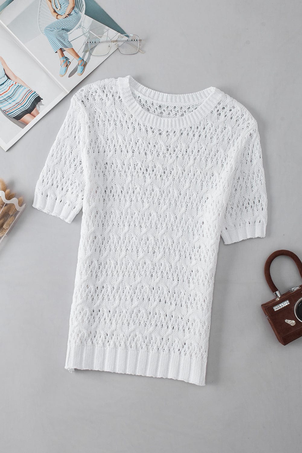 Chic White Pointelle Knit Half Sleeve Sweater