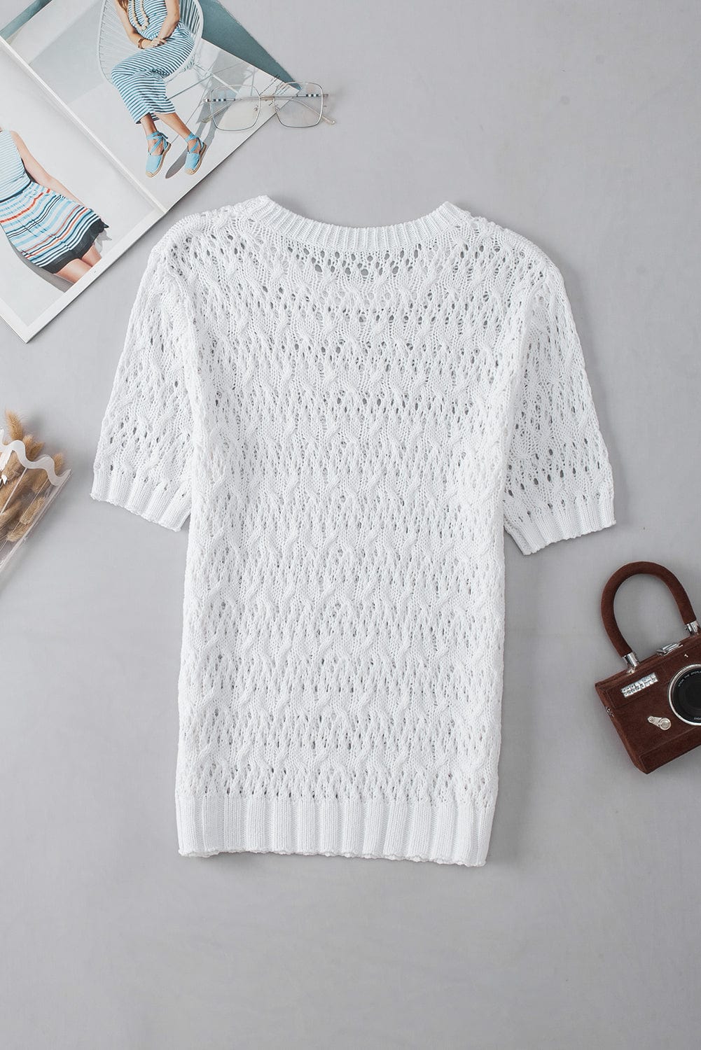 Chic White Pointelle Knit Half Sleeve Sweater