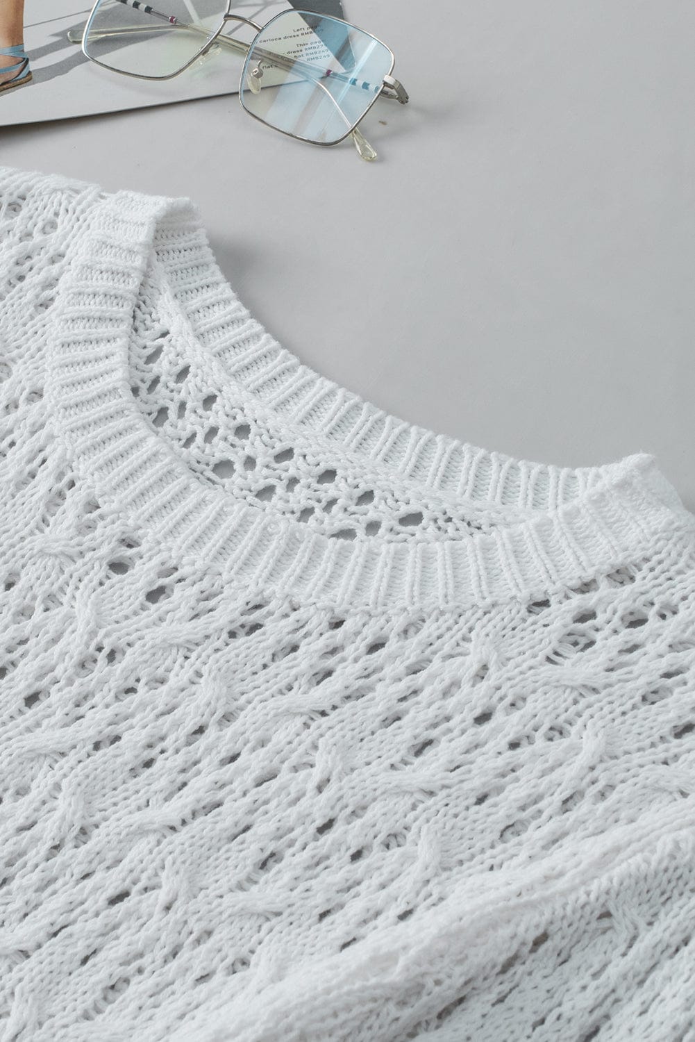 Chic White Pointelle Knit Half Sleeve Sweater