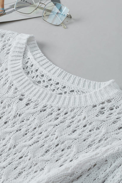 Chic White Pointelle Knit Half Sleeve Sweater