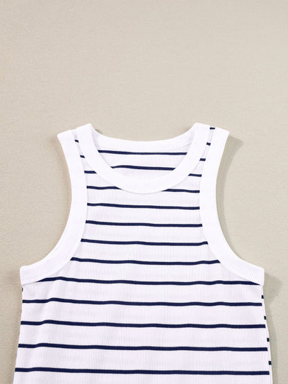Chic White Ribbed Knit Striped Tank Dress