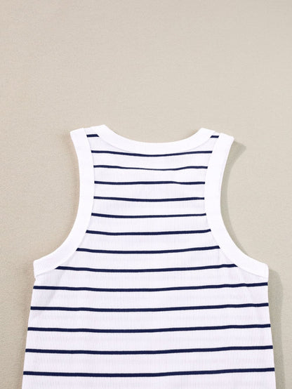 Chic White Ribbed Knit Striped Tank Dress