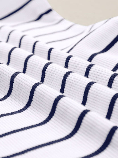 Chic White Ribbed Knit Striped Tank Dress