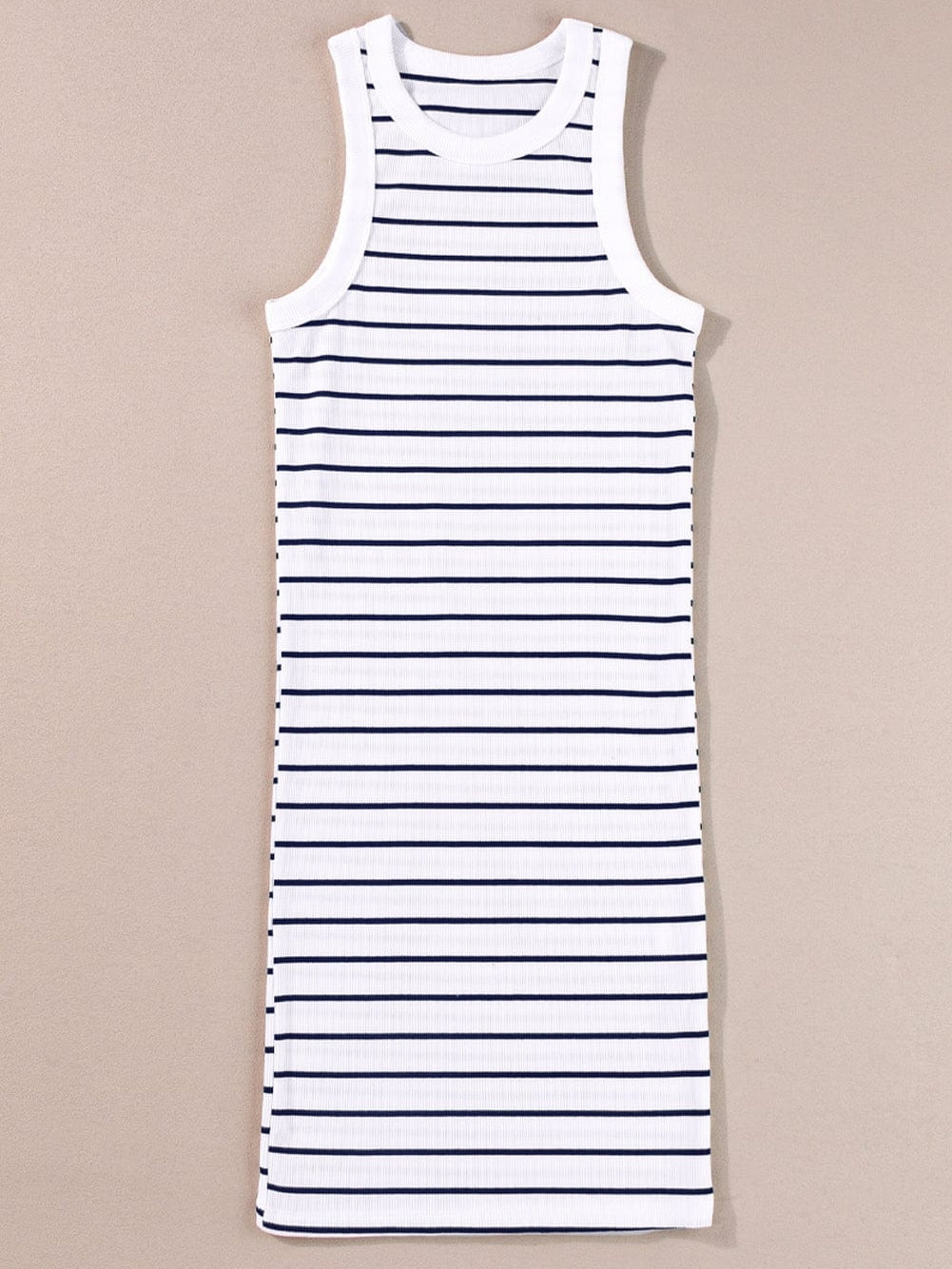 Chic White Ribbed Knit Striped Tank Dress