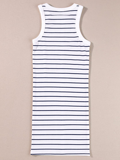 Chic White Ribbed Knit Striped Tank Dress