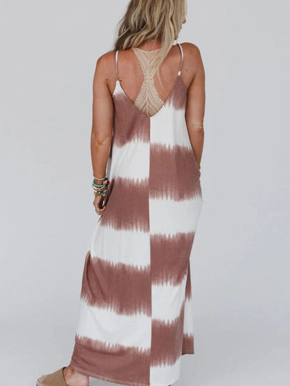 Chic White Striped Tie Dye Maxi Dress with Spaghetti Straps