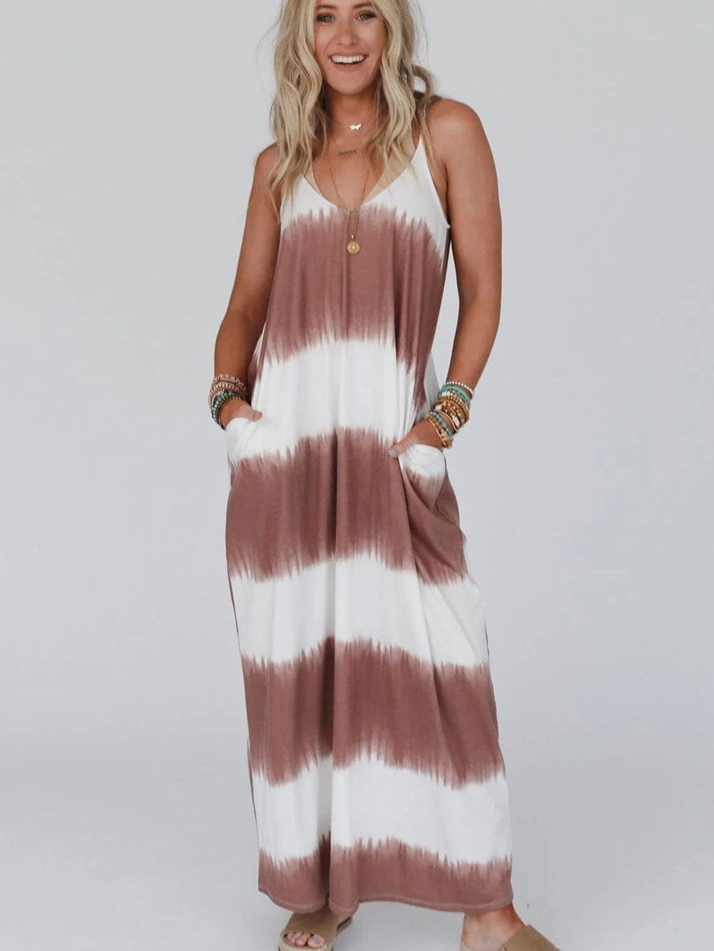 Chic White Striped Tie Dye Maxi Dress with Spaghetti Straps