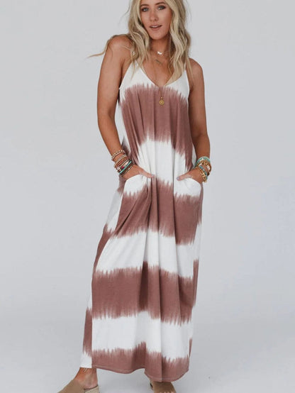Chic White Striped Tie Dye Maxi Dress with Spaghetti Straps