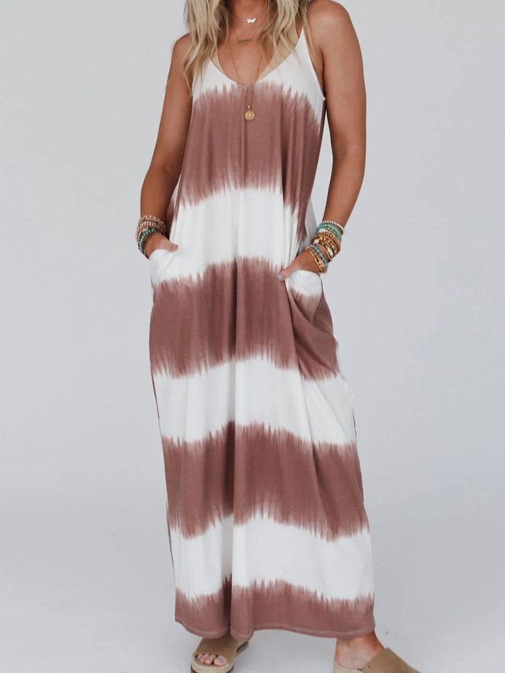 Chic White Striped Tie Dye Maxi Dress with Spaghetti Straps