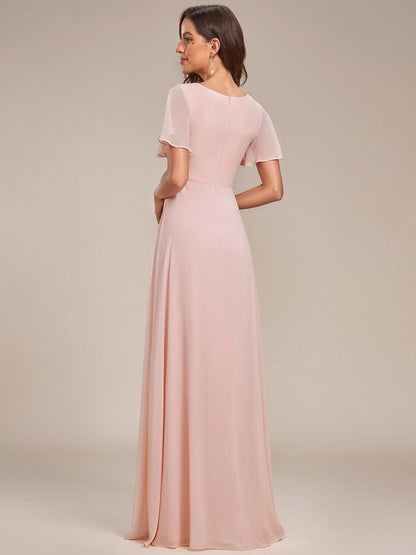 Chiffon Evening Dress with Ruffles Sleeve and Lotus Leaf High Slit