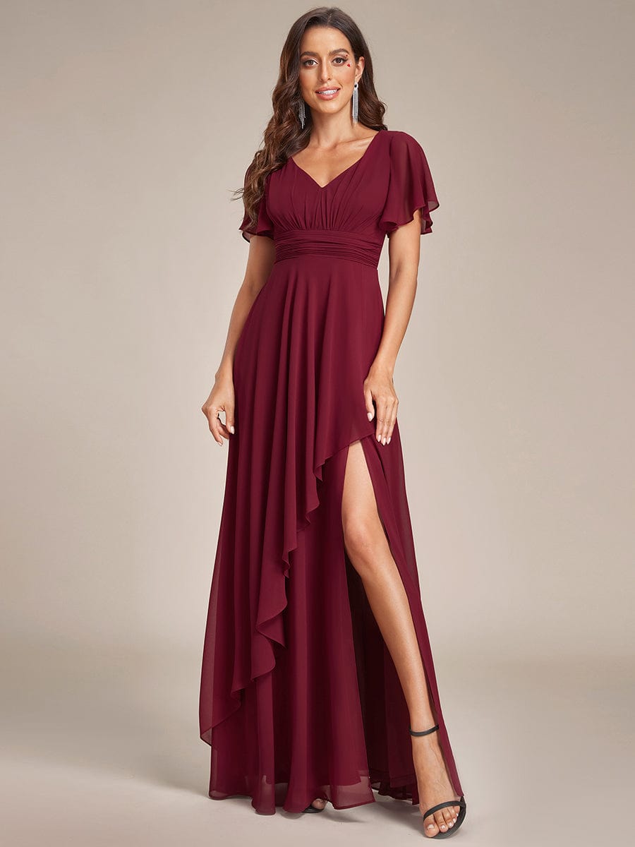 Chiffon Evening Dress with Ruffles Sleeve and Lotus Leaf High Slit