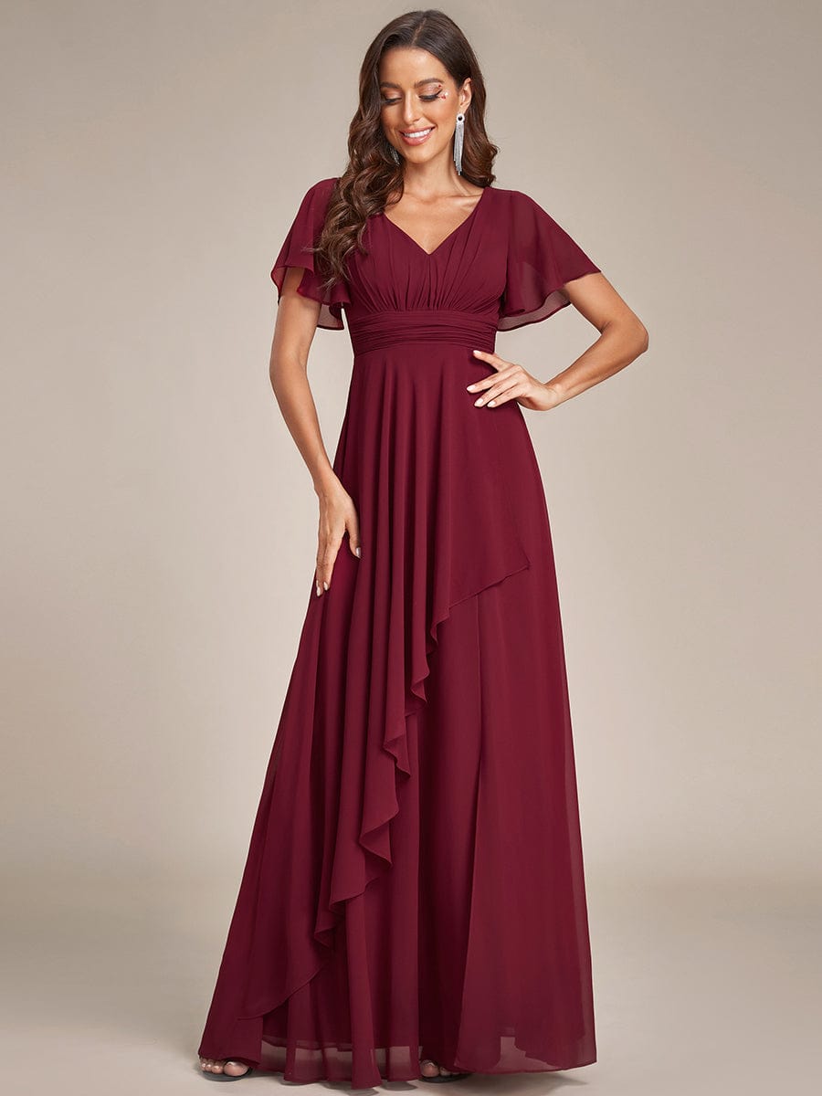 Chiffon Evening Dress with Ruffles Sleeve and Lotus Leaf High Slit