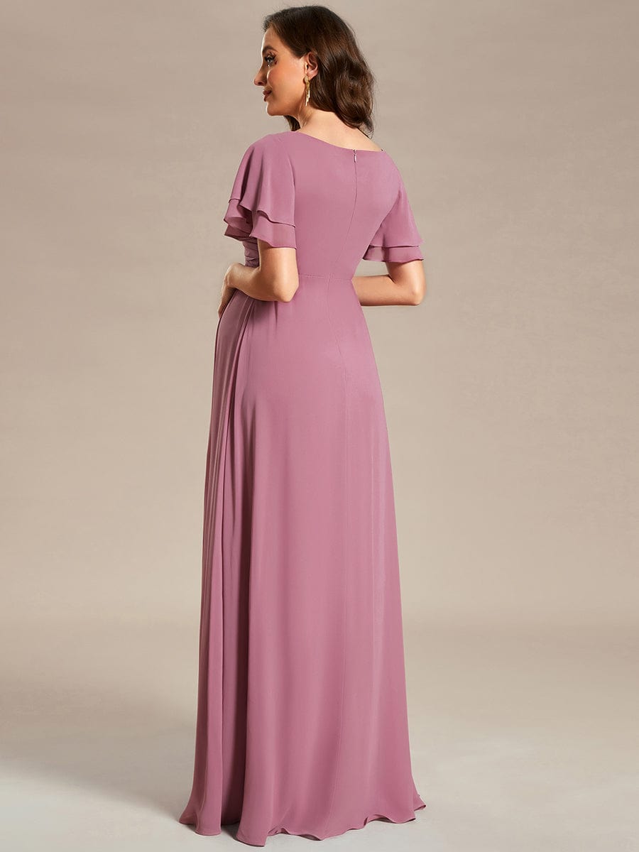 Chiffon Maternity Dress with Stylish Ruffle Sleeves and Split