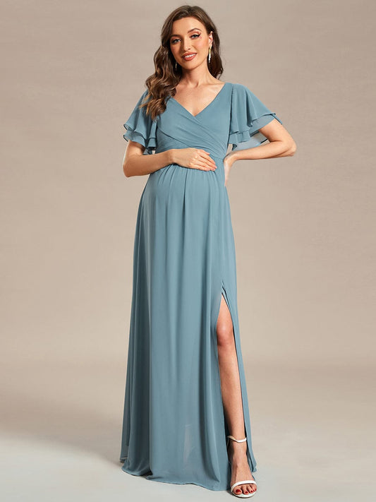 Chiffon Maternity Dress with Stylish Ruffle Sleeves and Split