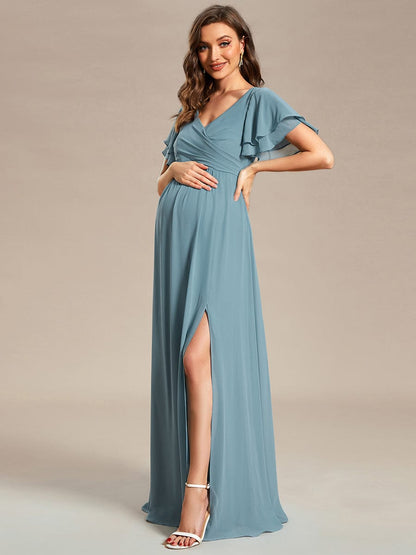 Chiffon Maternity Dress with Stylish Ruffle Sleeves and Split