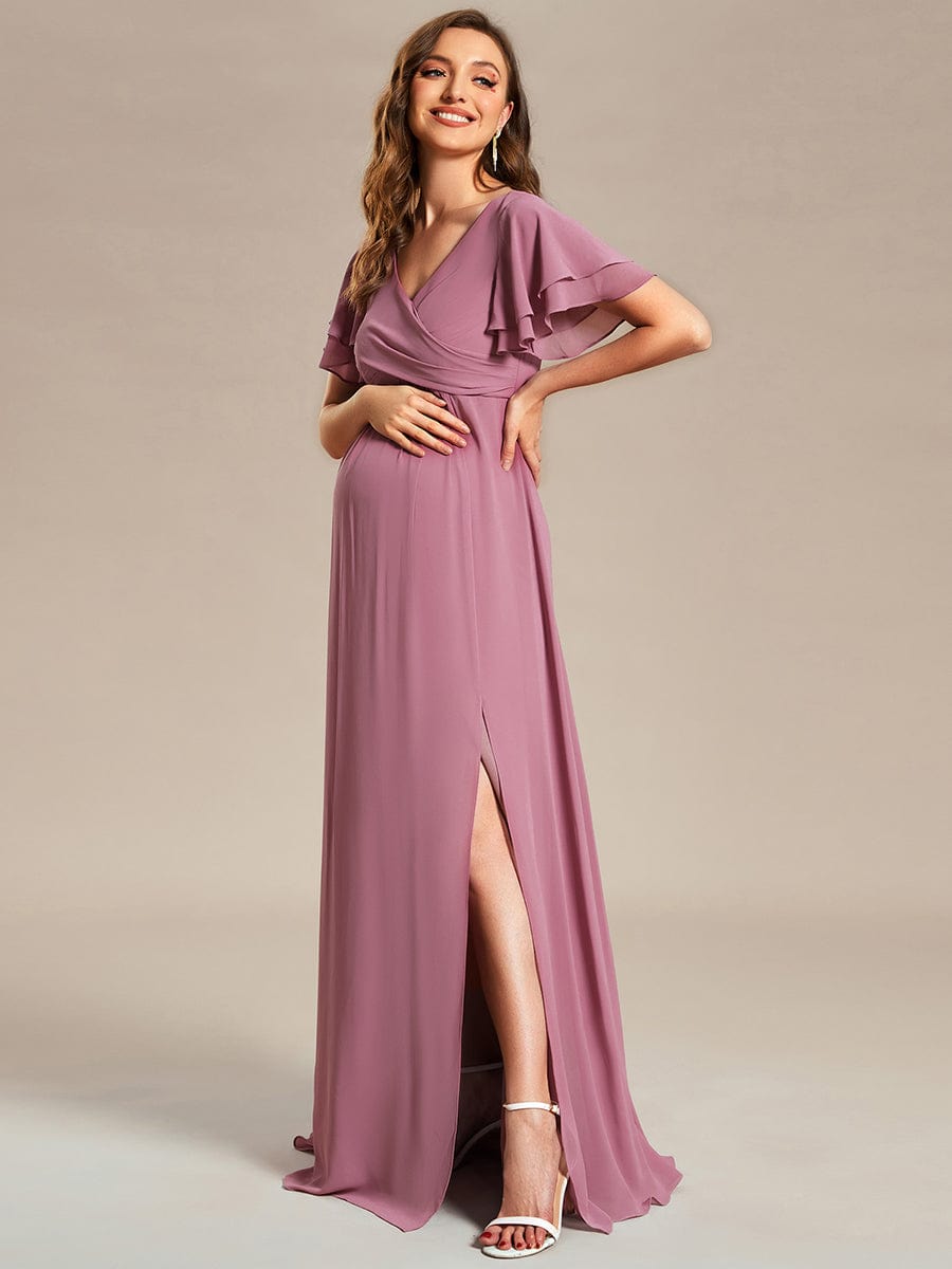 Chiffon Maternity Dress with Stylish Ruffle Sleeves and Split