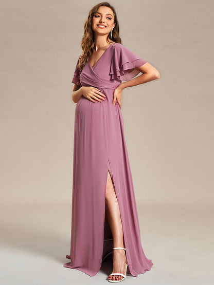 Chiffon Maternity Dress with Stylish Ruffle Sleeves and Split