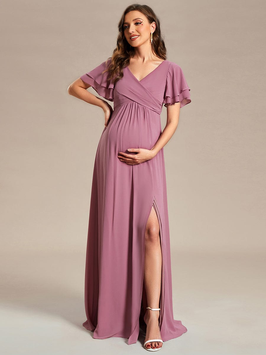 Chiffon Maternity Dress with Stylish Ruffle Sleeves and Split