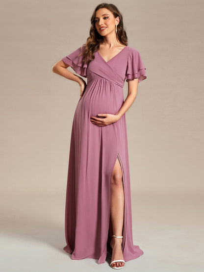 Chiffon Maternity Dress with Stylish Ruffle Sleeves and Split