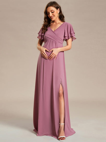 Chiffon Maternity Dress with Stylish Ruffle Sleeves and Split