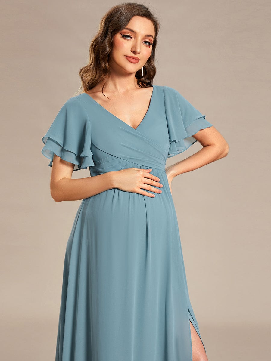 Chiffon Maternity Dress with Stylish Ruffle Sleeves and Split