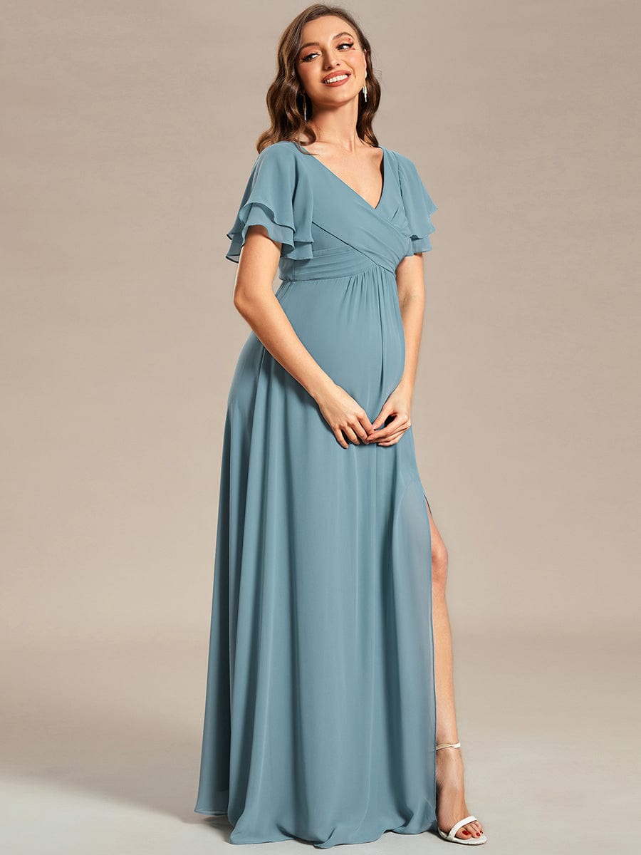 Chiffon Maternity Dress with Stylish Ruffle Sleeves and Split
