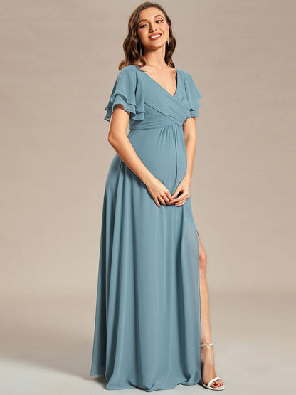 Chiffon Maternity Dress with Stylish Ruffle Sleeves and Split