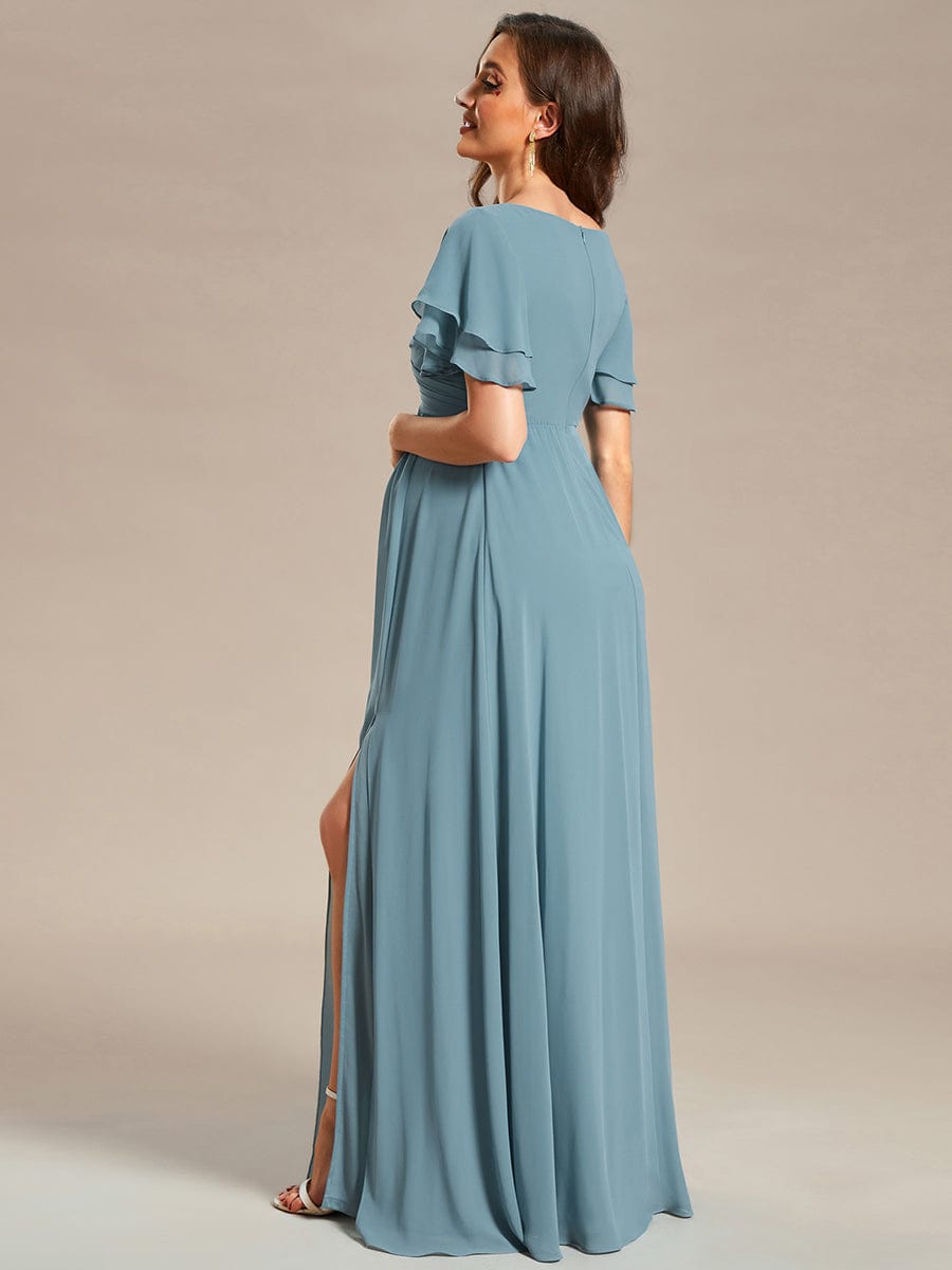Chiffon Maternity Dress with Stylish Ruffle Sleeves and Split
