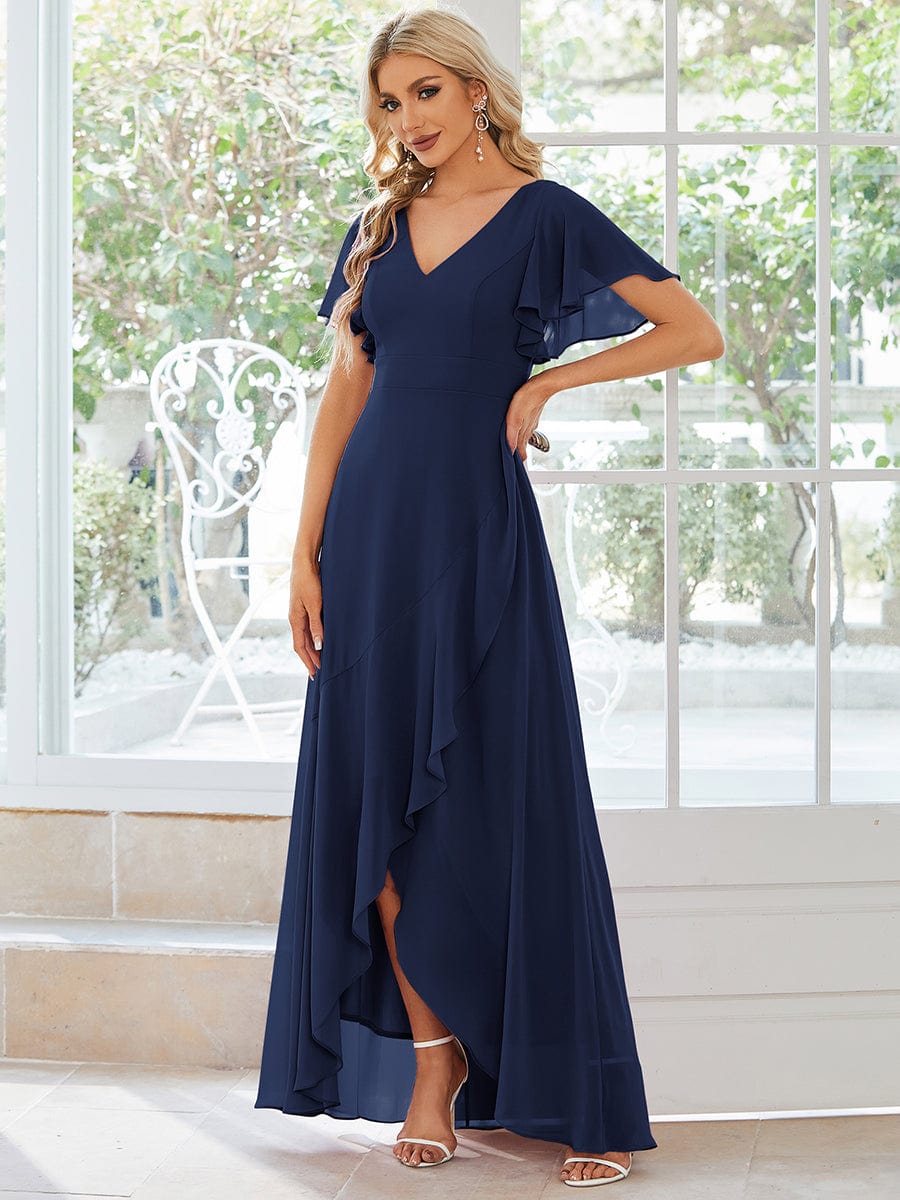 Chiffon Ruffles V-Neck Bridesmaid Dress with High-Low Hem