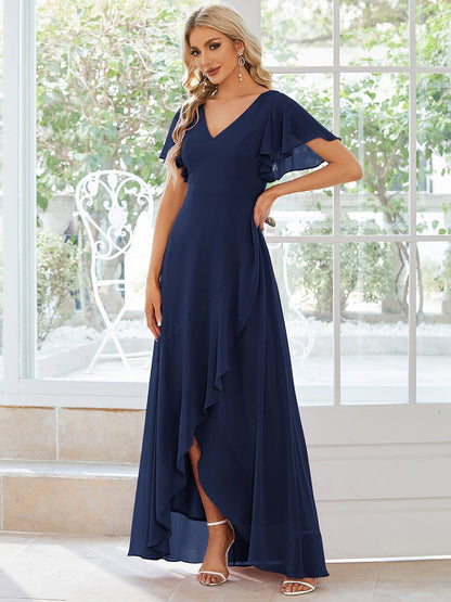 Chiffon Ruffles V-Neck Bridesmaid Dress with High-Low Hem