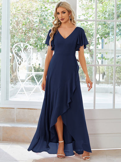 Chiffon Ruffles V-Neck Bridesmaid Dress with High-Low Hem